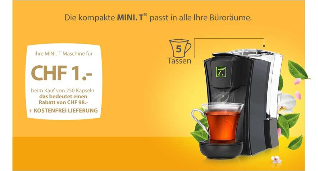 Ihre MINI.T-Maschine kostet 1CHF beim Kauf von 250 Kapseln, eine Ermäßigung von 98CHF + Kostenloser Versand + Kostenloser Kapselspender