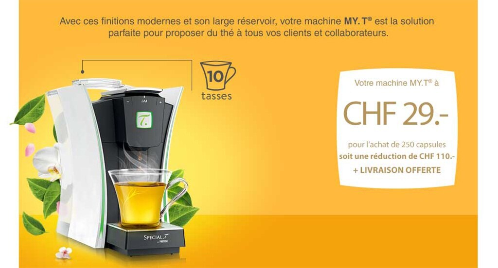 Votre machine MY.T LIGHTS à 29CHF pour l'achat de 250 capsules, soit une réduction de 110CHF + Livraison offerte + Distributeur de capsules offert
