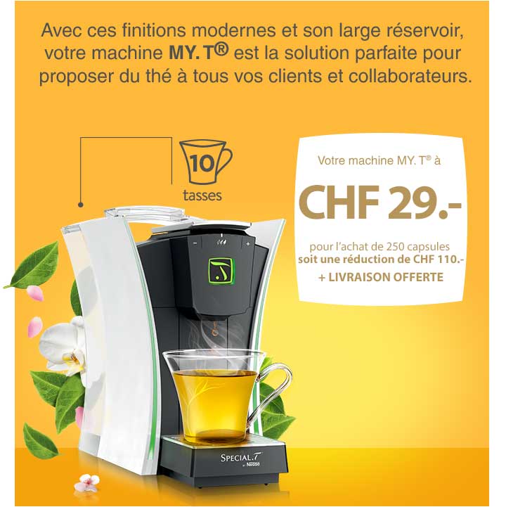 Votre machine MY.T LIGHTS à 29CHF pour l'achat de 250 capsules, soit une réduction de 110CHF + Livraison offerte + Distributeur de capsules offert